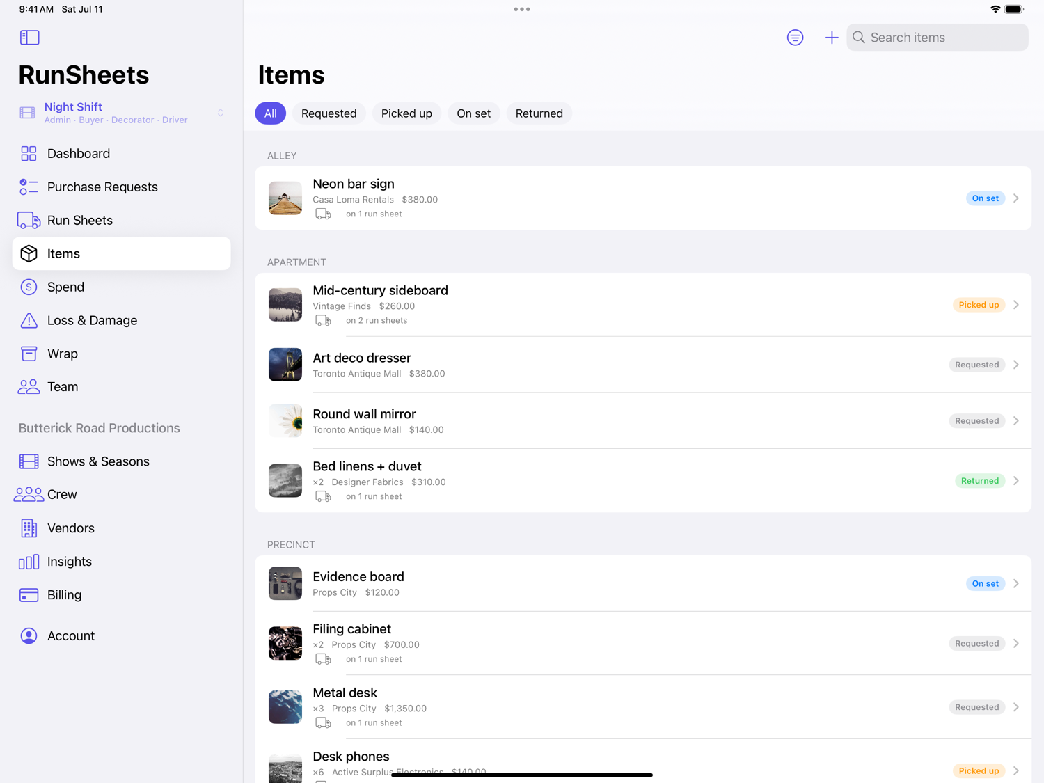 RunSheets iPad app — the full item inventory grouped by set, with photos and custody status