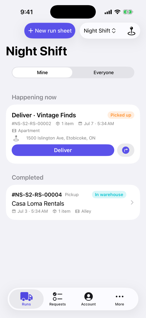RunSheets iPhone app — a driver's run queue with the next delivery ready to start